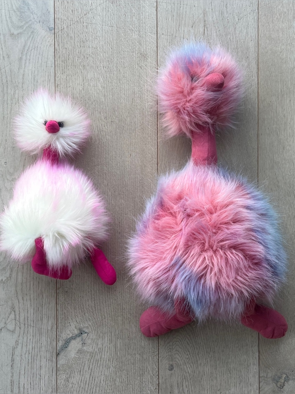 Jellycat Plush Pom Pom Ostrich Set of 2 Cotton Candy Pink White Fur